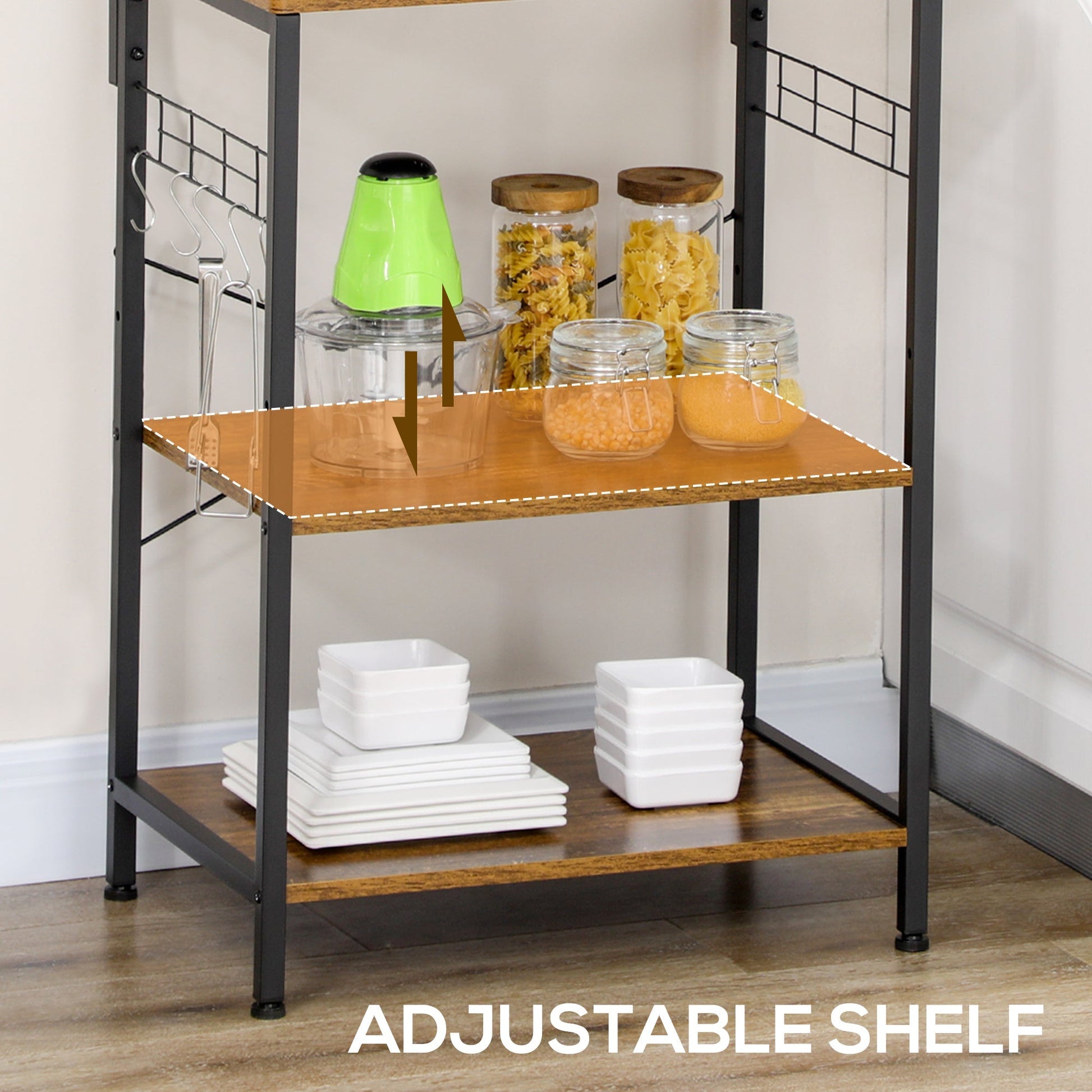 Rustic Brown Kitchen Bakers Rack with Power Outlet, USB, Shelves, Hooks Bar Cabinets   at Gallery Canada