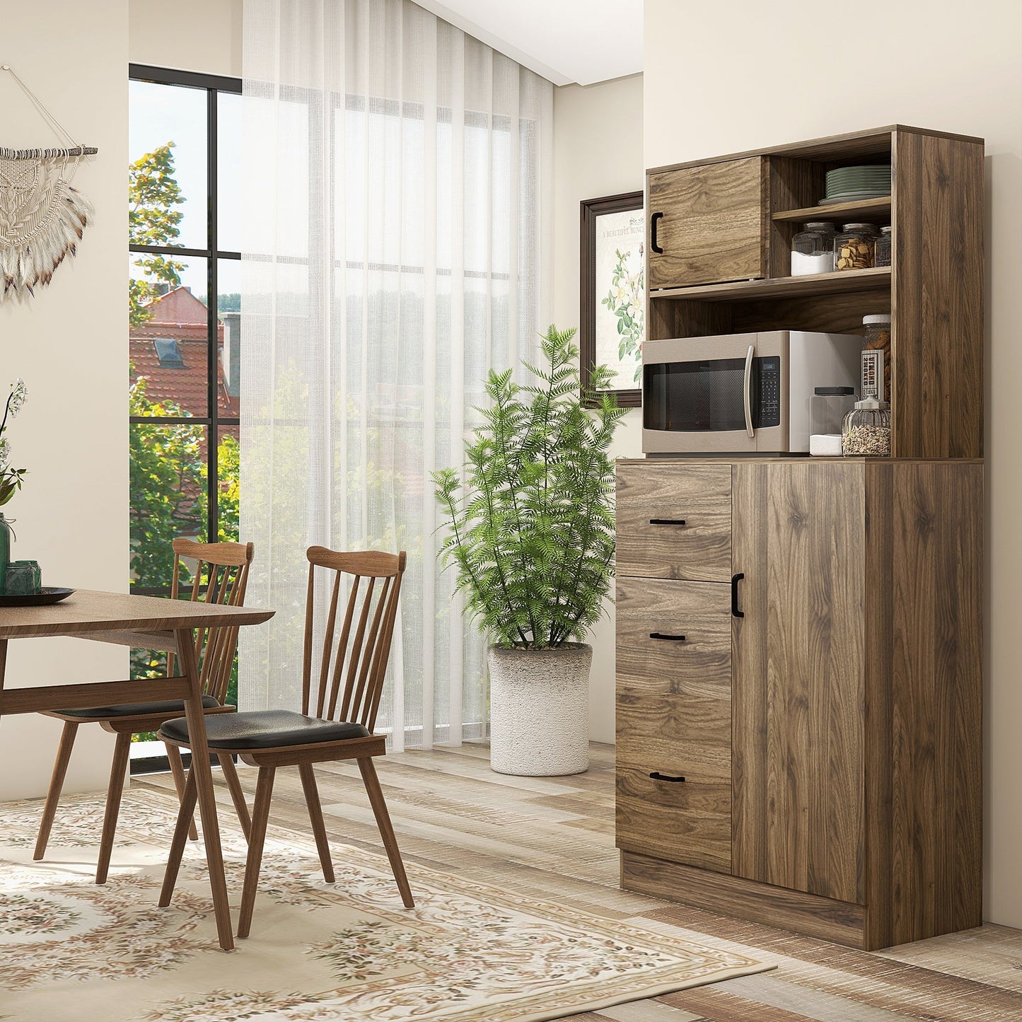 Walnut Kitchen Buffet Hutch with Sliding Door, Adjustable Shelves, Drawers Kitchen Pantry Cabinets   at Gallery Canada