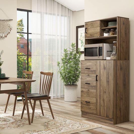 Walnut Kitchen Buffet Hutch with Sliding Door, Adjustable Shelves, Drawers Kitchen Pantry Cabinets Walnut  at Gallery Canada