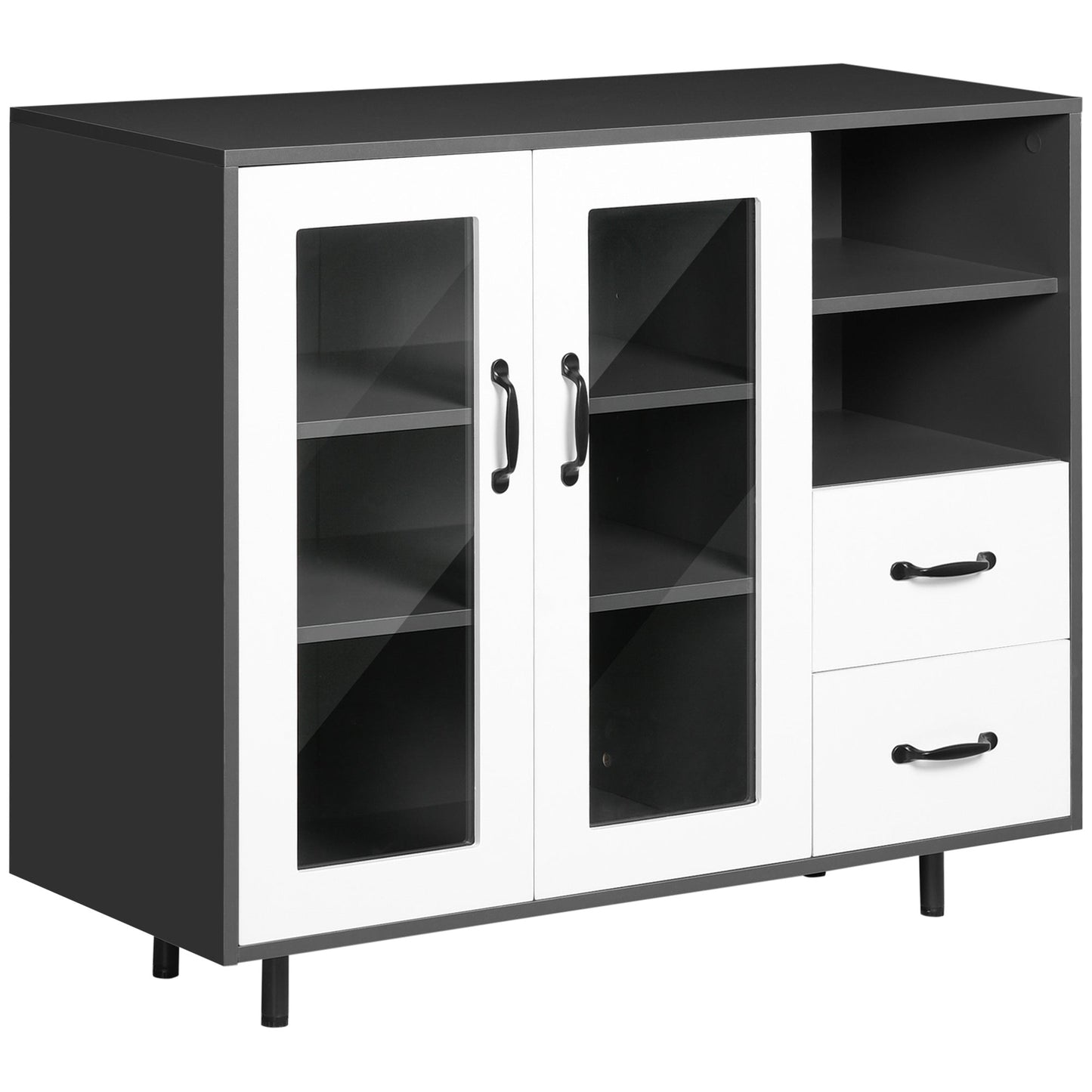 Kitchen Buffet Cabinet, Storage Sideboard with Glass Doors Cupboard, 2 Drawers and 2 Open Shelves, Charcoal Grey Bar Cabinets   at Gallery Canada