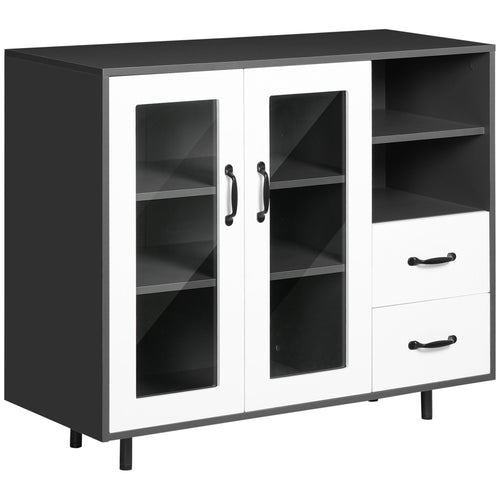 Kitchen Buffet Cabinet, Storage Sideboard with Glass Doors Cupboard, 2 Drawers and 2 Open Shelves, Charcoal Grey