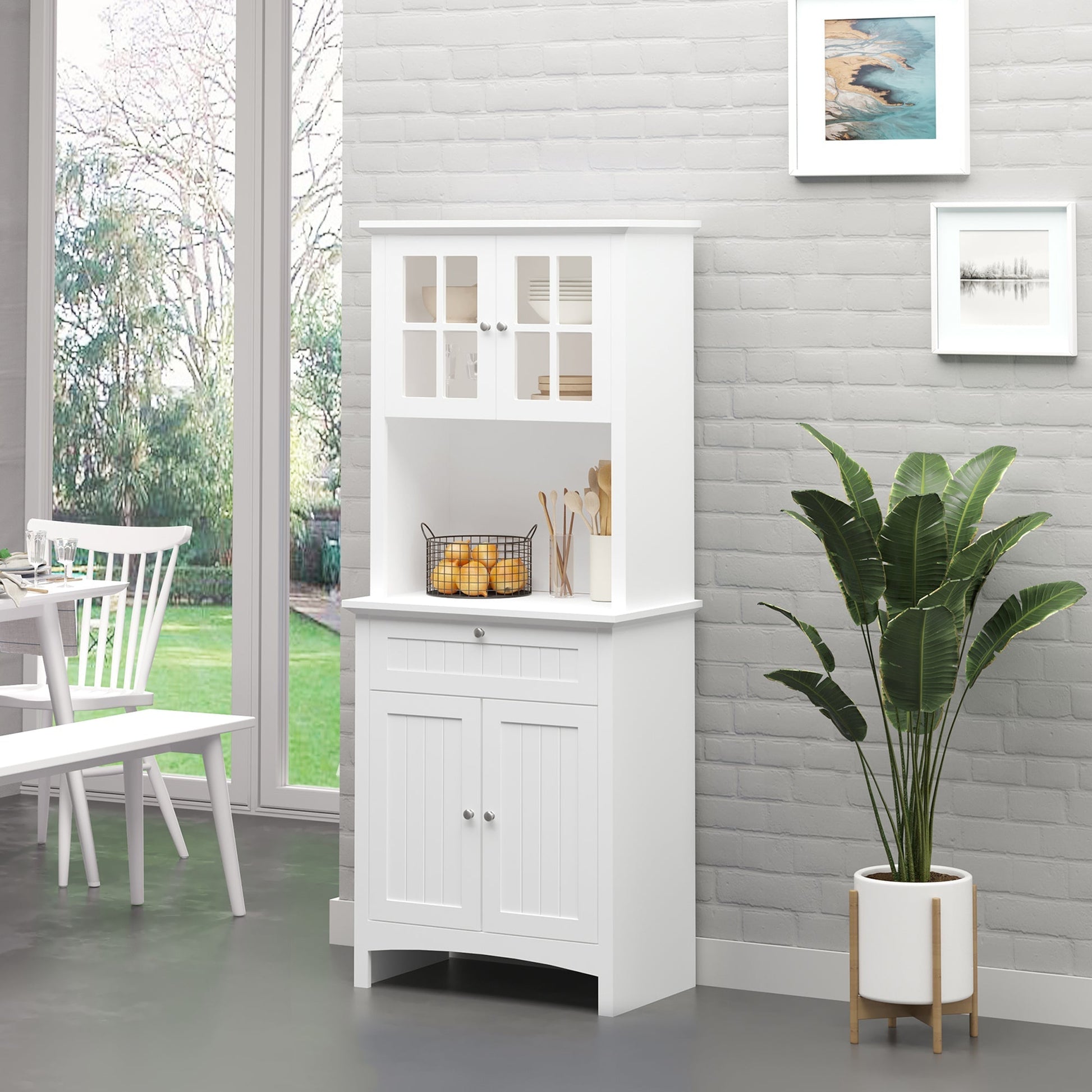 Kitchen Buffet Hutch Wooden Storage Cupboard with Framed Glass Door, Drawer and Microwave Space, White Kitchen Pantry Cabinets   at Gallery Canada