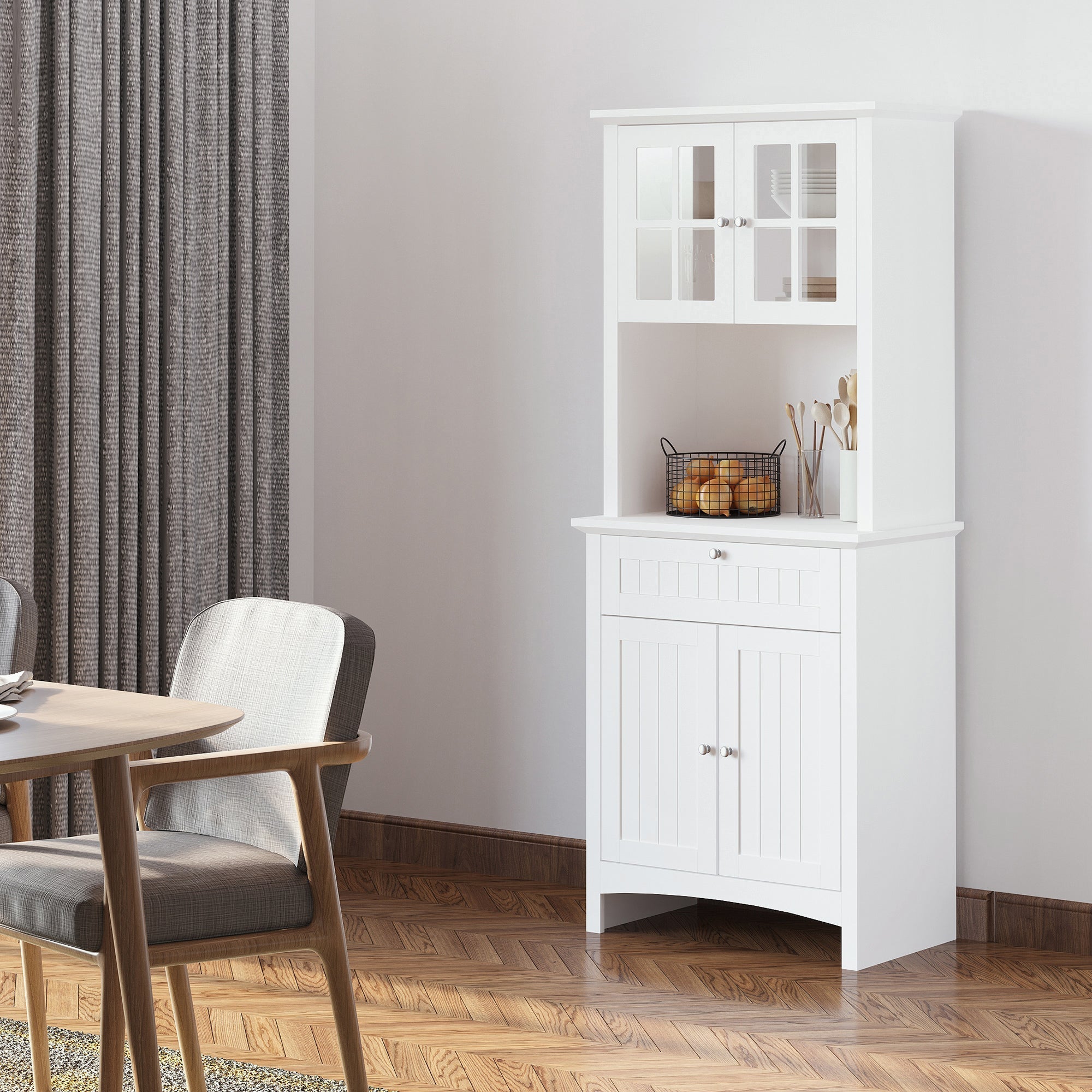 Kitchen Buffet Hutch Wooden Storage Cupboard with Framed Glass Door, Drawer and Microwave Space, White Kitchen Pantry Cabinets   at Gallery Canada