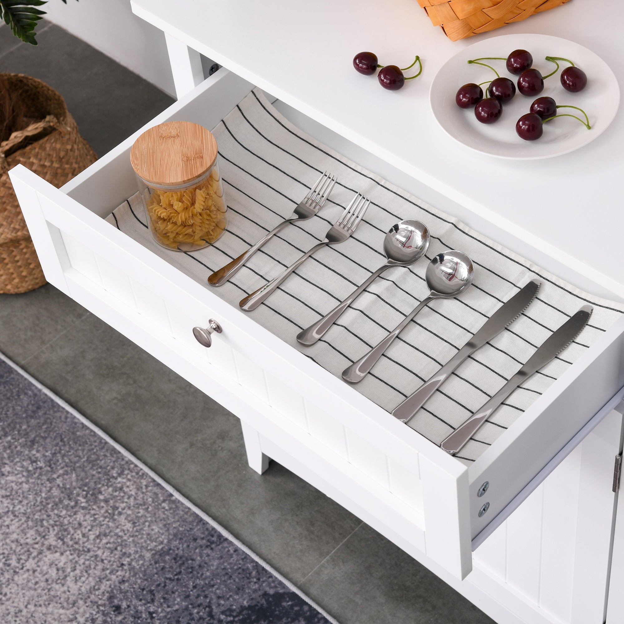 Kitchen Buffet Hutch Wooden Storage Cupboard with Framed Glass Door, Drawer and Microwave Space, White Kitchen Pantry Cabinets   at Gallery Canada