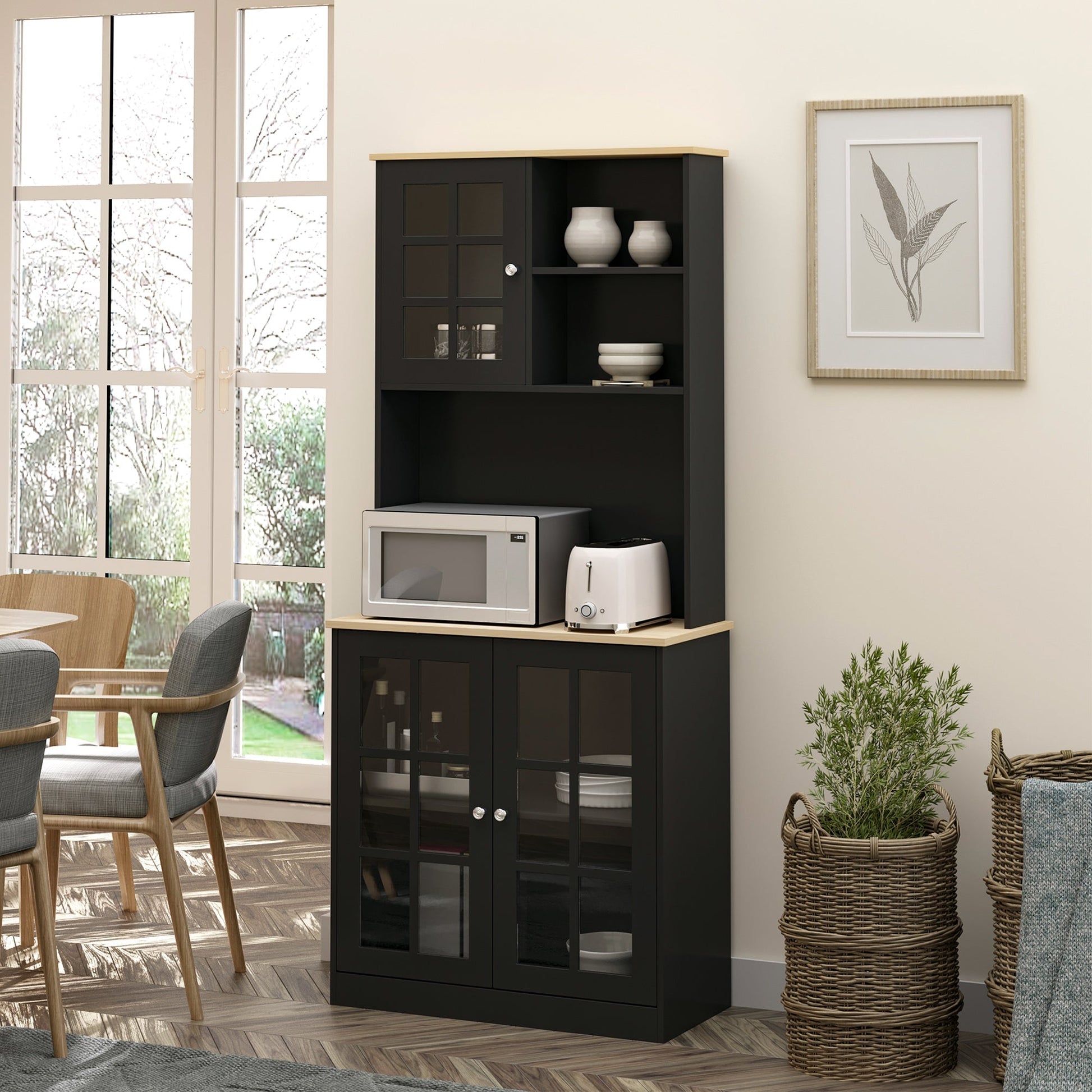 Kitchen Buffet with Hutch, Storage Pantry with 3 Cabinets, 2 Open Shelves and Large Countertop, Black Kitchen Pantry Cabinets   at Gallery Canada