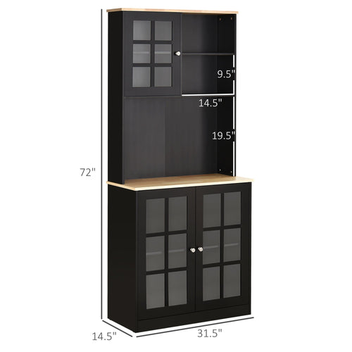 Kitchen Buffet with Hutch, Storage Pantry with 3 Cabinets, 2 Open Shelves and Large Countertop, Black