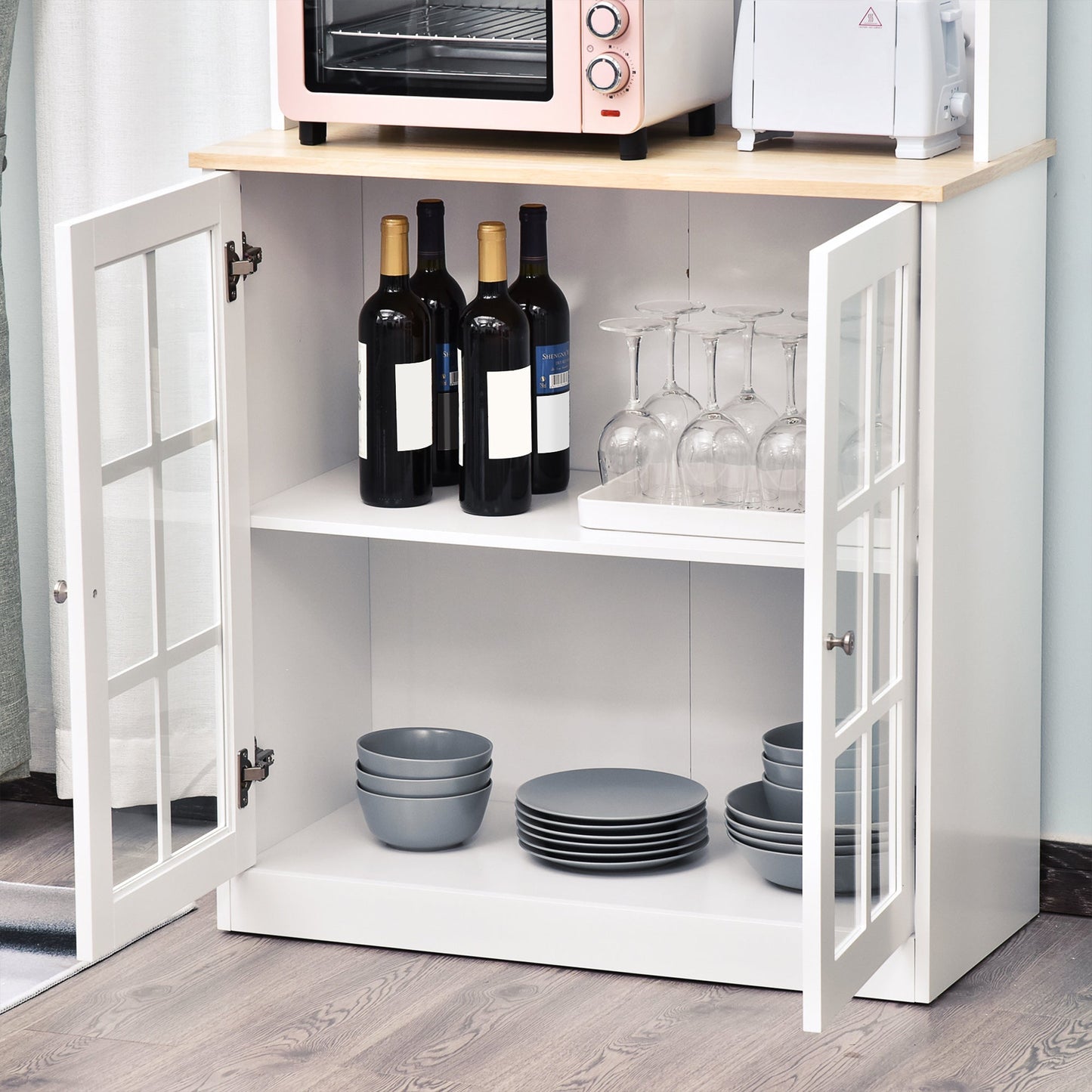 Kitchen Buffet with Hutch, Storage Pantry with 3 Cabinets, 2 Open Shelves and Large Countertop, White Kitchen Pantry Cabinets   at Gallery Canada