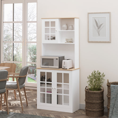 Kitchen Buffet with Hutch, Storage Pantry with 3 Cabinets, 2 Open Shelves and Large Countertop, White