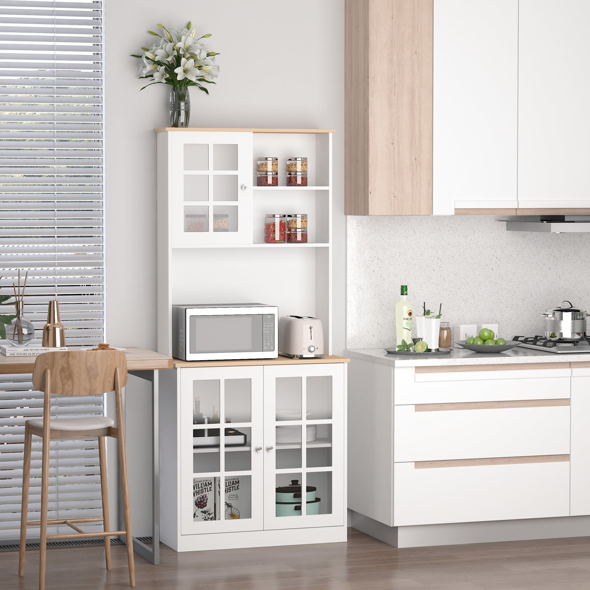 Kitchen Buffet with Hutch, Storage Pantry with 3 Cabinets, 2 Open Shelves and Large Countertop, White Kitchen Pantry Cabinets   at Gallery Canada