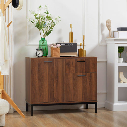 Kitchen Cabinet, Storage Cabinet, Sideboard Floor Accent Cabinet w/ Drawer, Enclosed Cabinet &; Adjustable Shelves, Walnut Brown