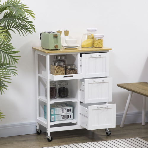 Wooden Top Kitchen Island Cart with Drawers, Shelves, Tray on Wheels, White