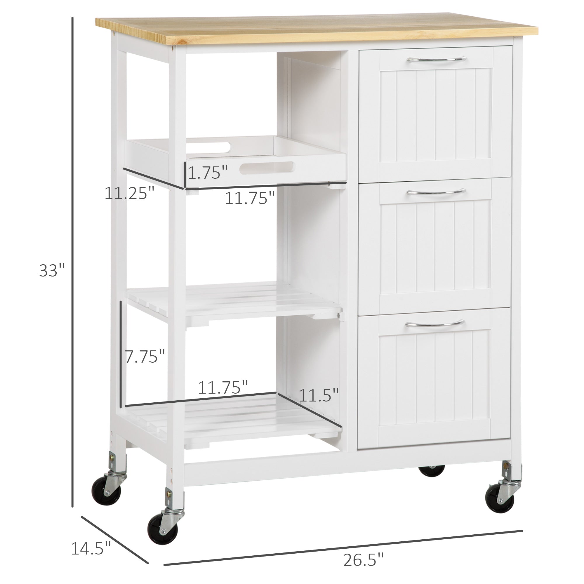 Wooden Top Kitchen Island Cart with Drawers, Shelves, Tray on Wheels, White Kitchen Islands & Kitchen Carts   at Gallery Canada