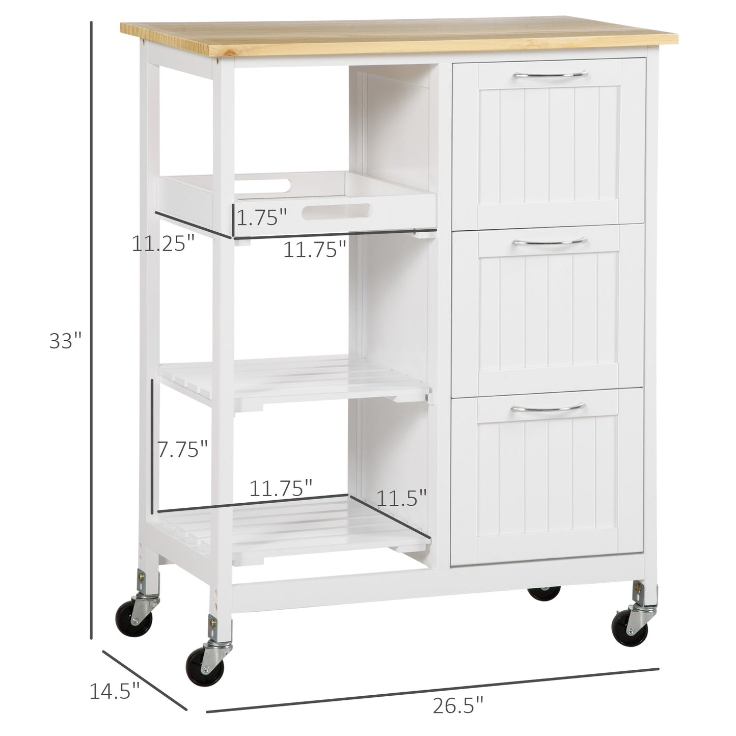 Wooden Top Kitchen Island Cart with Drawers, Shelves, Tray on Wheels, White Kitchen Islands & Kitchen Carts   at Gallery Canada