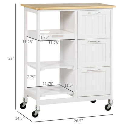 Wooden Top Kitchen Island Cart with Drawers, Shelves, Tray on Wheels, White Kitchen Islands & Kitchen Carts   at Gallery Canada