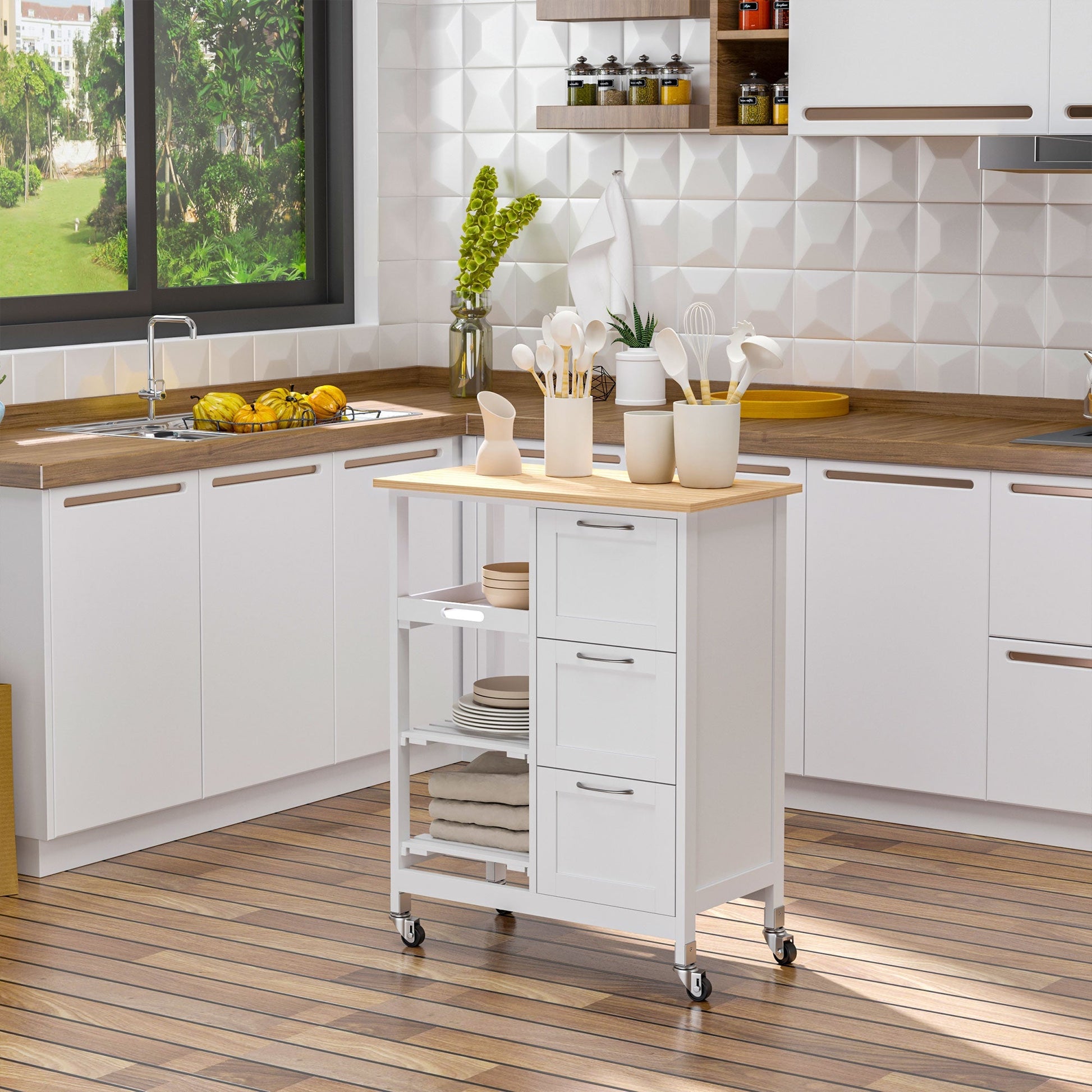 Wooden Top Kitchen Island Cart with Drawers, Shelves, Tray on Wheels, White Kitchen Islands & Kitchen Carts   at Gallery Canada