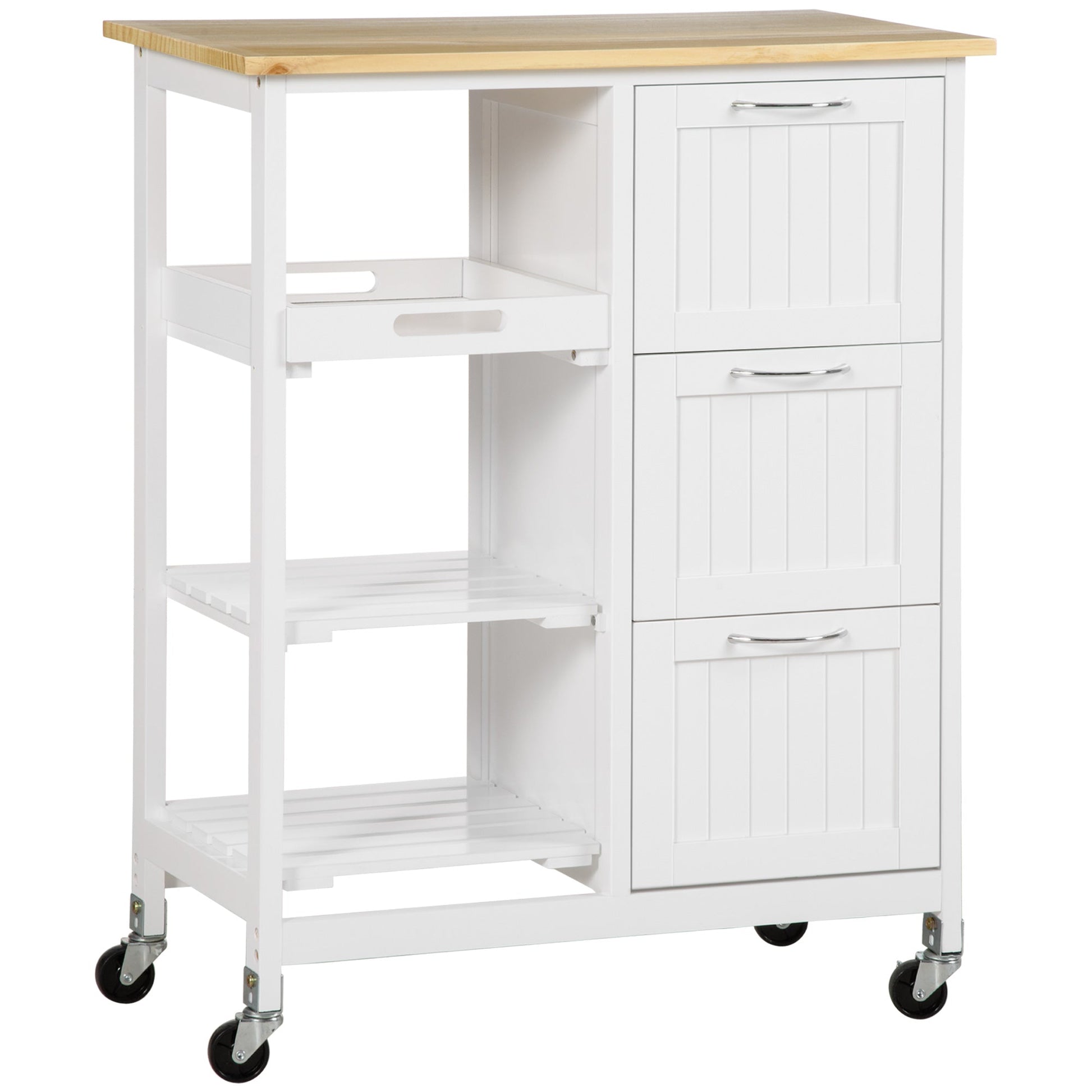 Wooden Top Kitchen Island Cart with Drawers, Shelves, Tray on Wheels, White Kitchen Islands & Kitchen Carts Multi Colour  at Gallery Canada