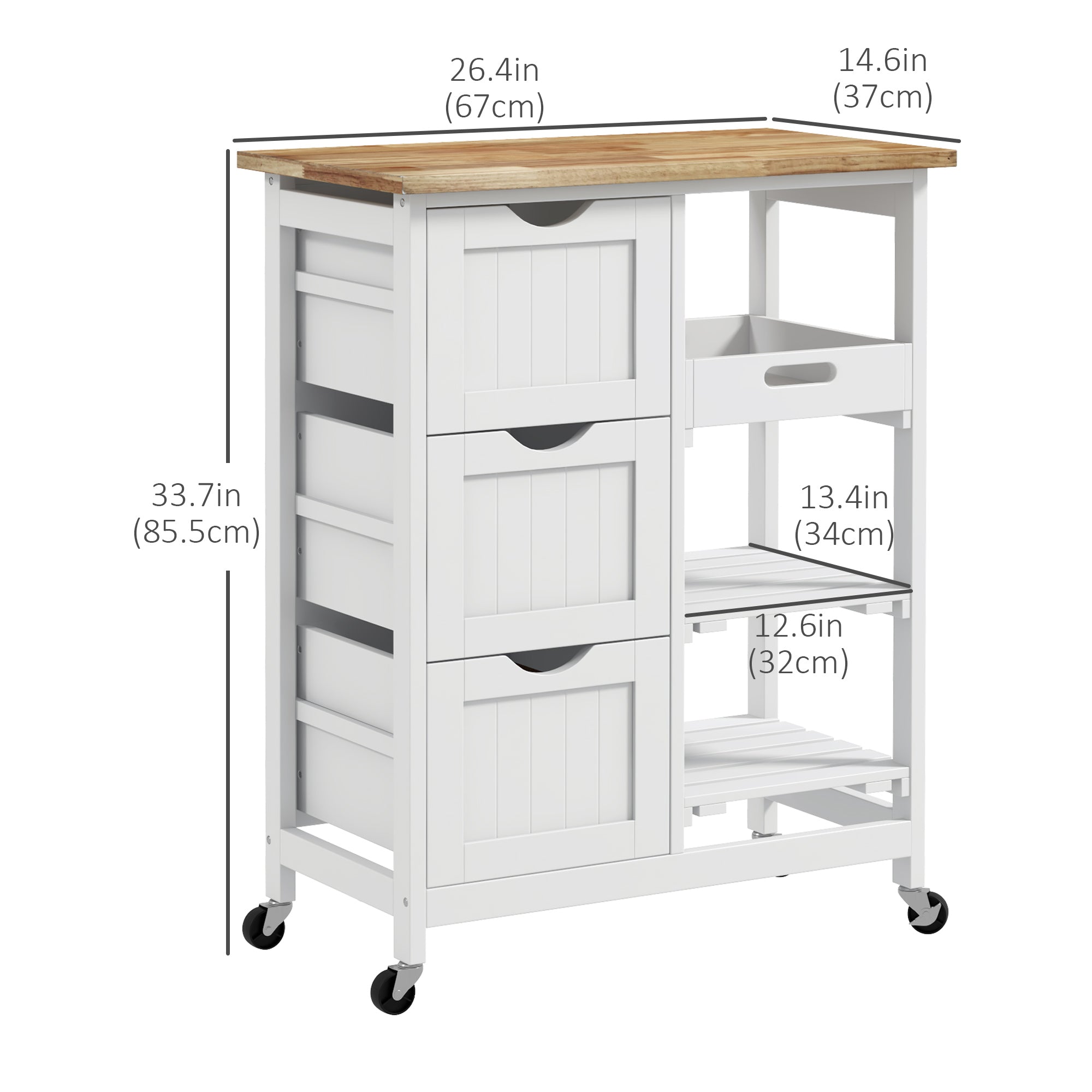 Kitchen Cart on Wheels, Rolling Kitchen Island Cart with Wood Top, 3 Drawers and Shelves for Home Dining Area Kitchen Islands & Kitchen Carts   at Gallery Canada