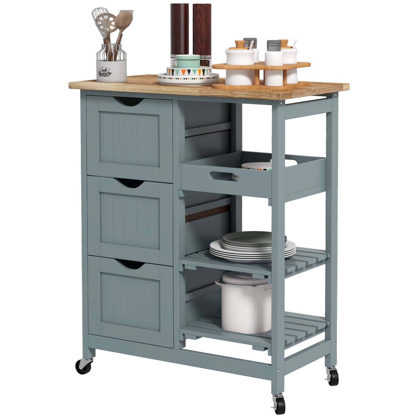 Kitchen Cart on Wheels, Rolling Kitchen Island Cart with Wood Top, 3 Drawers and Shelves for Home Dining Area Kitchen Islands & Kitchen Carts Grey  at Gallery Canada