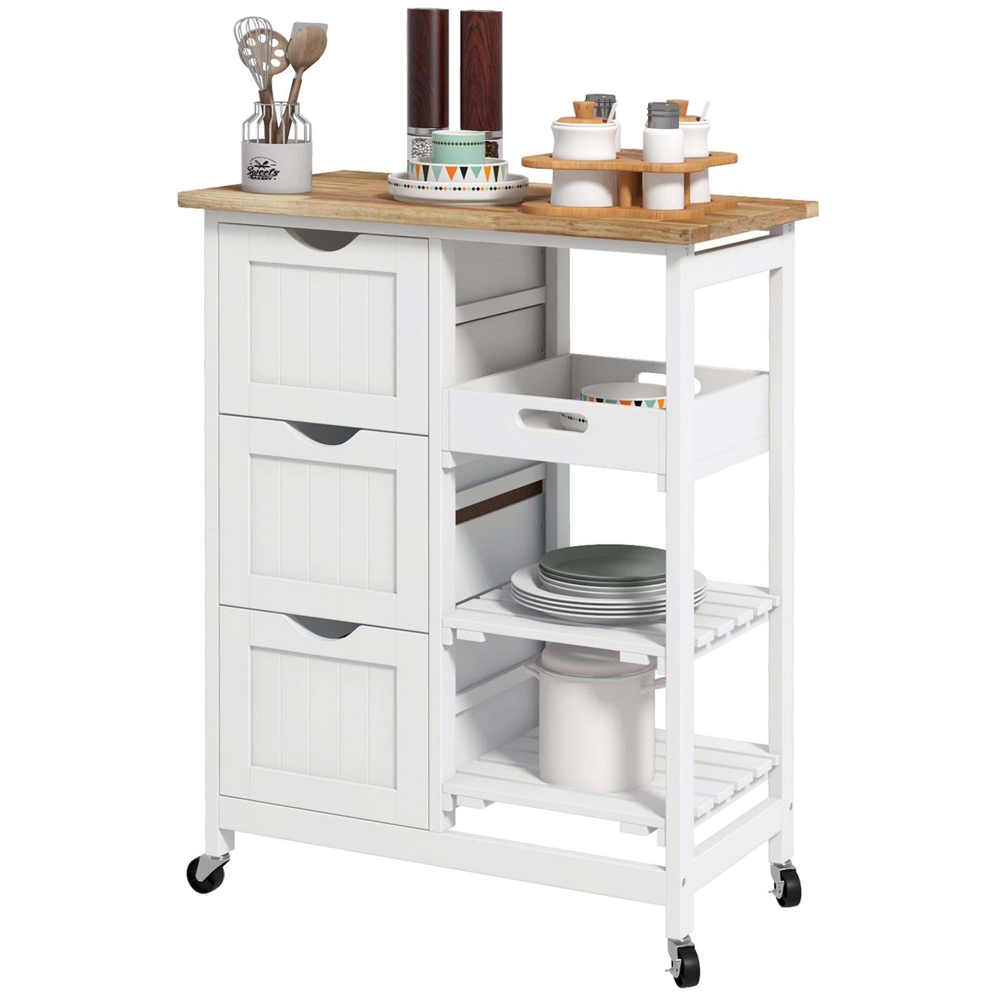 Kitchen Cart on Wheels, Rolling Kitchen Island Cart with Wood Top, 3 Drawers and Shelves for Home Dining Area Kitchen Islands & Kitchen Carts White  at Gallery Canada