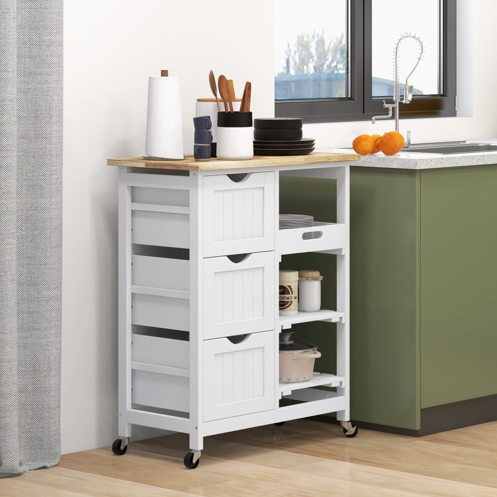 Kitchen Cart on Wheels, Rolling Kitchen Island Cart with Wood Top, 3 Drawers and Shelves for Home Dining Area Kitchen Islands & Kitchen Carts   at Gallery Canada