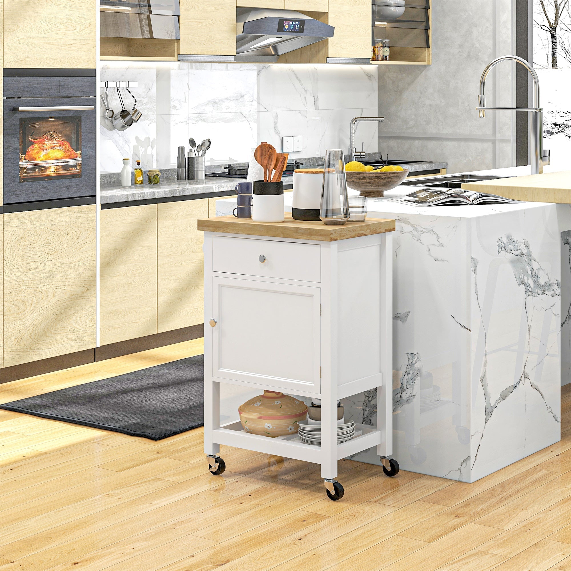 Kitchen Cart on Wheels, Rolling Kitchen Island Cart with Wood Top, Towel Rack, Drawer and Shelf for Home Dining Area Kitchen Islands & Kitchen Carts   at Gallery Canada