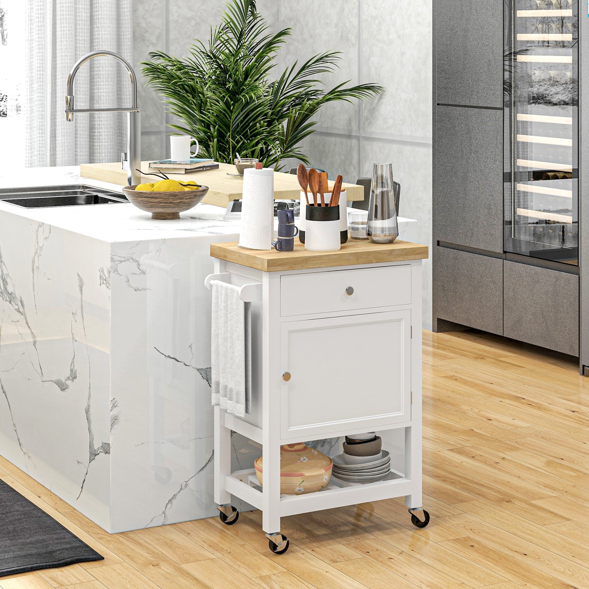 Kitchen Cart on Wheels, Rolling Kitchen Island Cart with Wood Top, Towel Rack, Drawer and Shelf for Home Dining Area Kitchen Islands & Kitchen Carts   at Gallery Canada