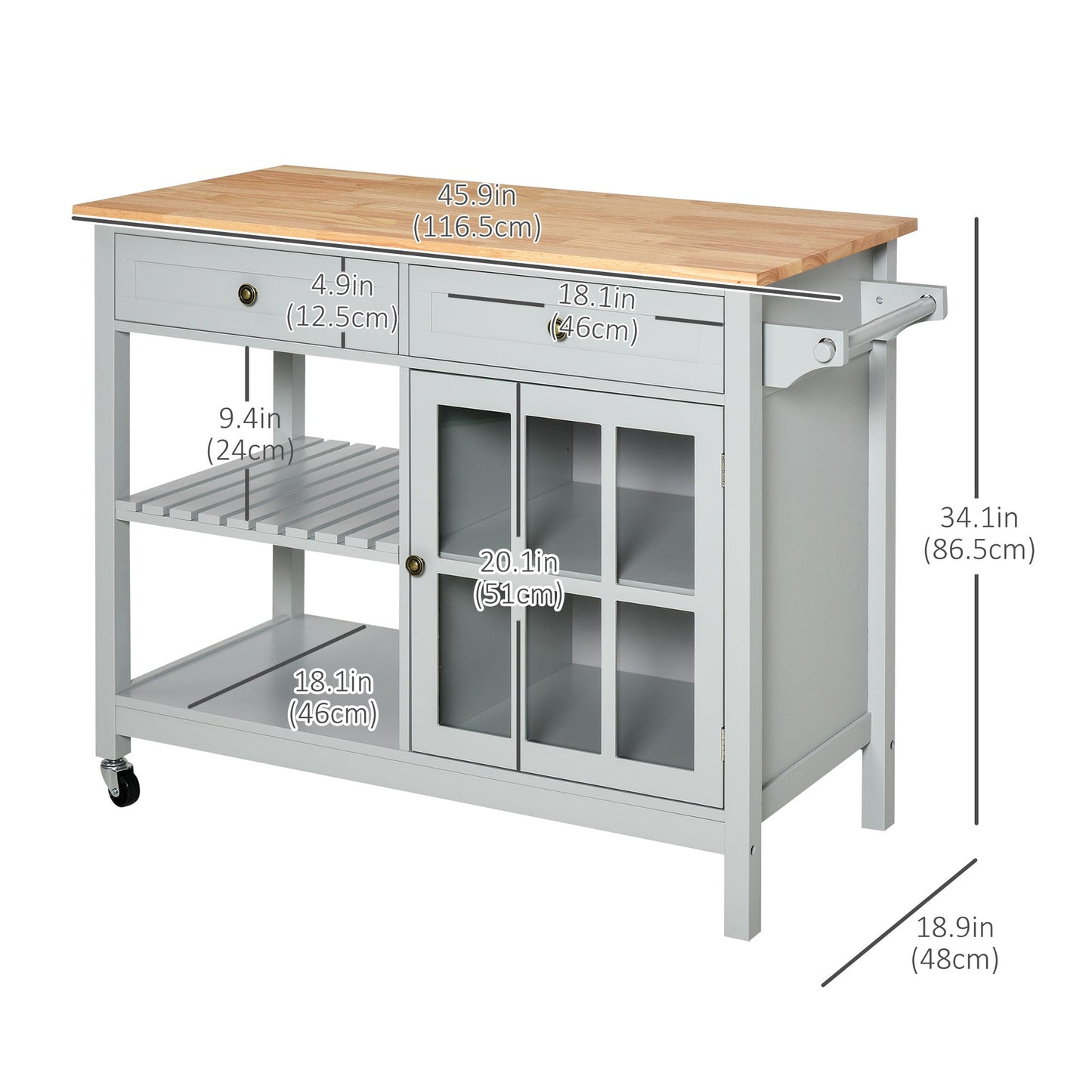 Kitchen Cart on Wheels, Utility Storage Island with Rubber Wood Top, Towel Rack, Cabinets, Drawers, Gray Kitchen Islands & Kitchen Carts Grey  at Gallery Canada