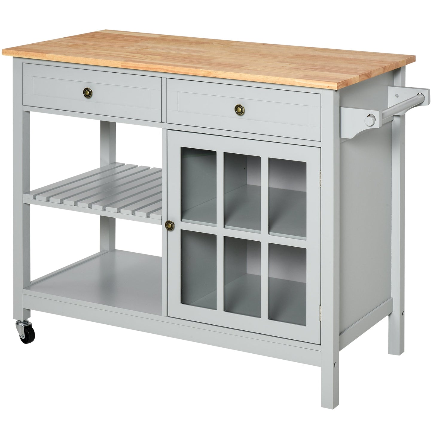 Kitchen Cart on Wheels, Utility Storage Island with Rubber Wood Top, Towel Rack, Cabinets, Drawers, Gray Kitchen Islands & Kitchen Carts   at Gallery Canada