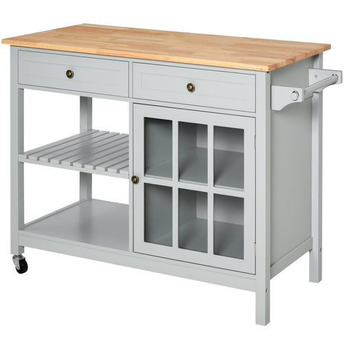 Kitchen Cart on Wheels, Utility Storage Island with Rubber Wood Top, Towel Rack, Cabinets, Drawers, Gray