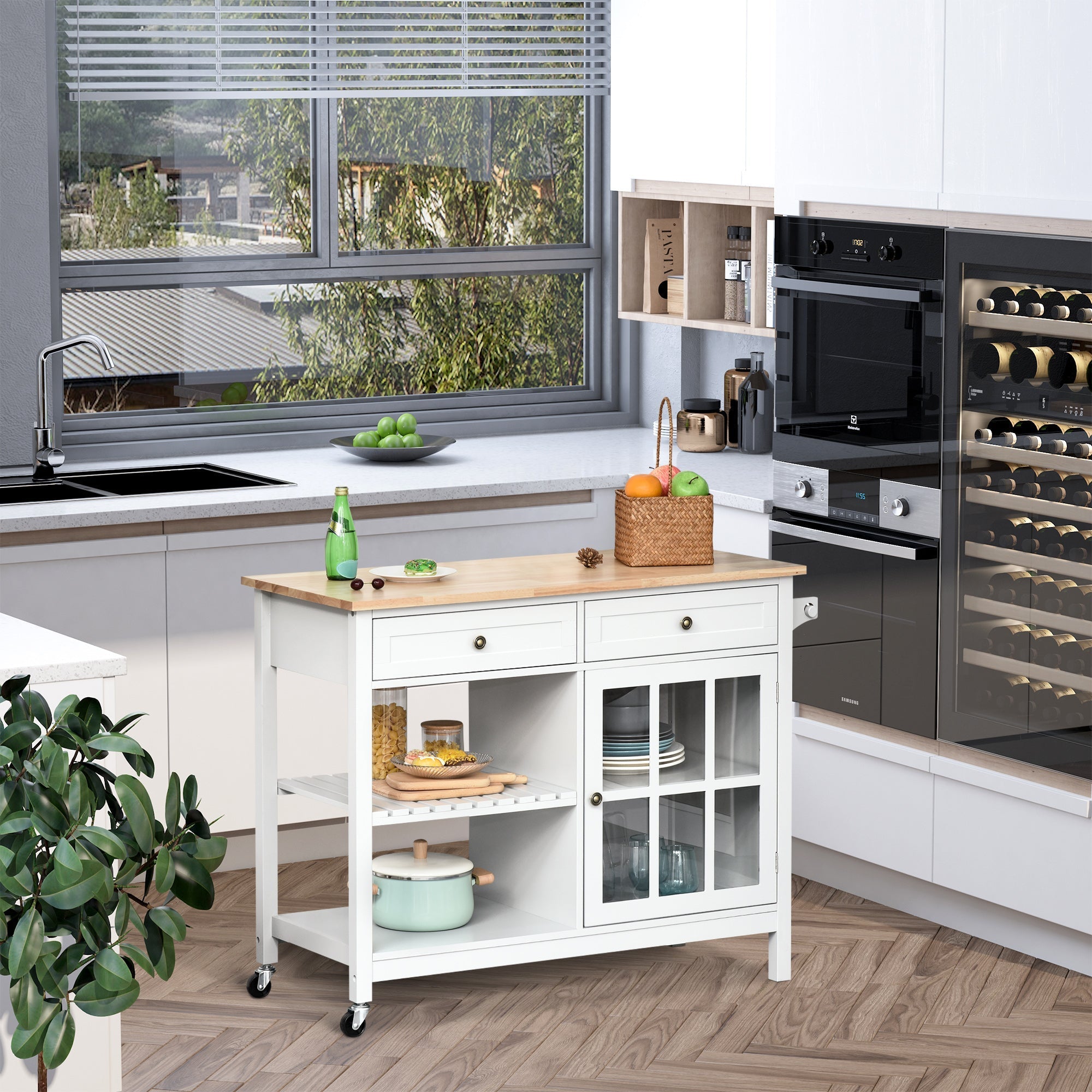 Kitchen Cart on Wheels, Utility Storage Island with Rubber Wood Top, Towel Rack, Cabinets, Drawers, White Kitchen Islands & Kitchen Carts   at Gallery Canada