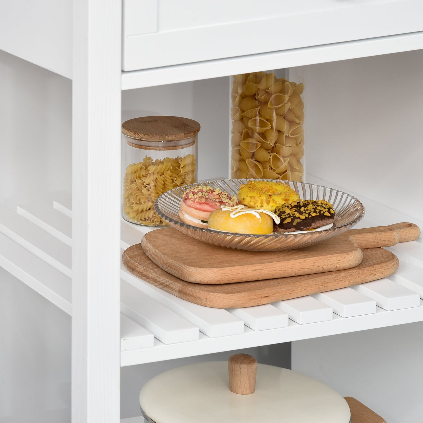 Kitchen Cart on Wheels, Utility Storage Island with Rubber Wood Top, Towel Rack, Cabinets, Drawers, White Kitchen Islands & Kitchen Carts   at Gallery Canada