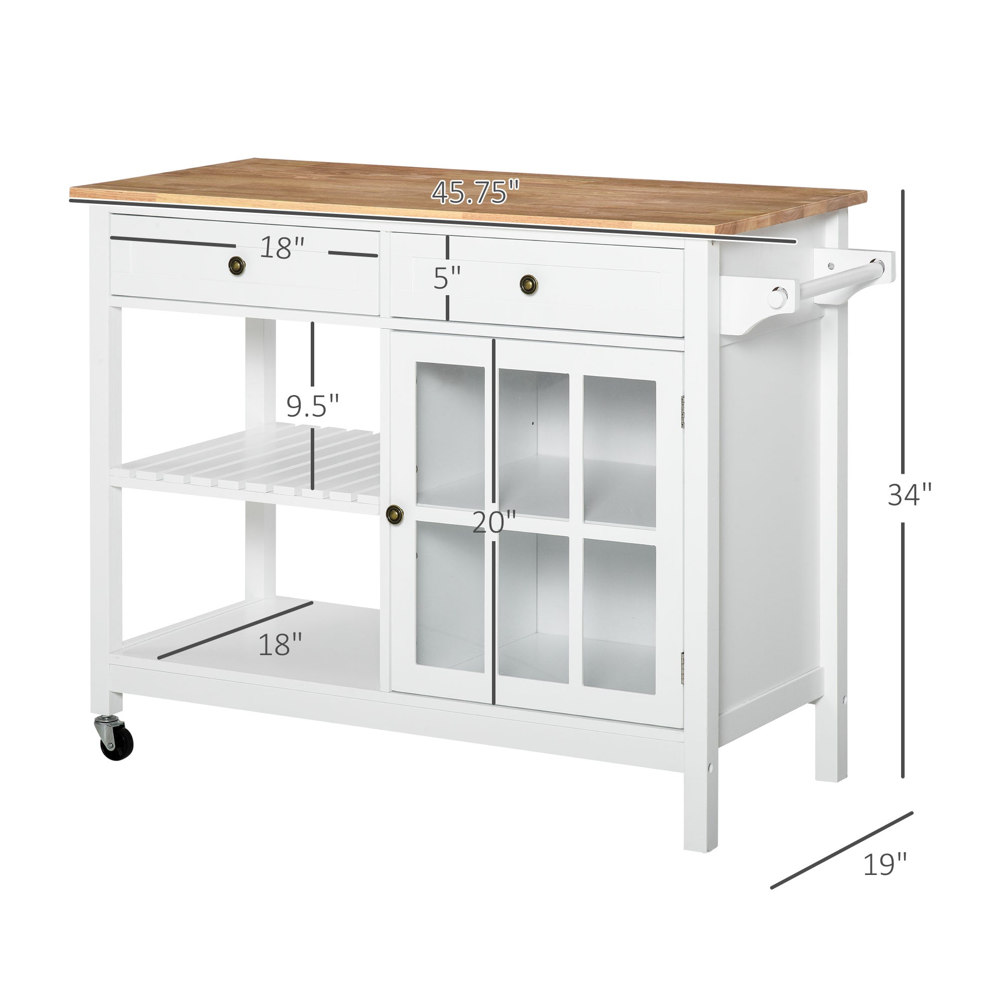 Kitchen Cart on Wheels, Utility Storage Island with Rubber Wood Top, Towel Rack, Cabinets, Drawers, White Kitchen Islands & Kitchen Carts White  at Gallery Canada