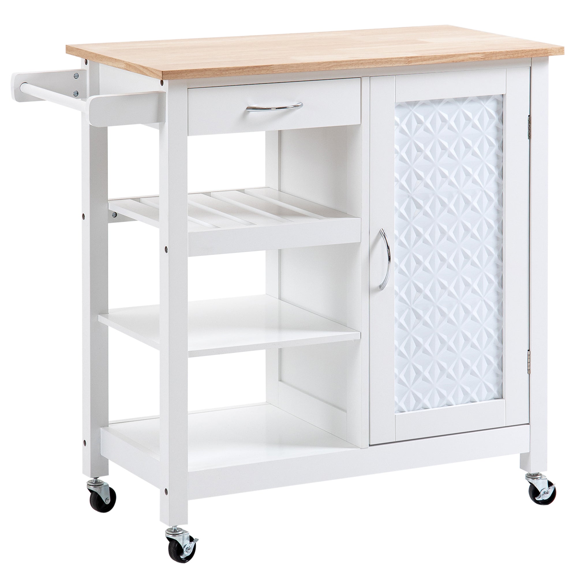 Kitchen Cart on Wheels with Embossed Door Panel, Utility Kitchen Island with Storage Drawer, White Kitchen Islands & Kitchen Carts White  at Gallery Canada