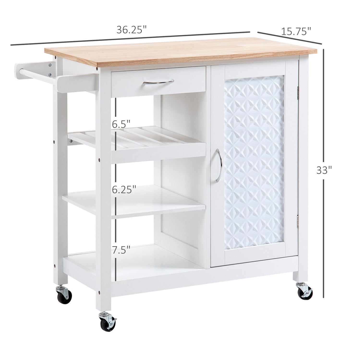 Kitchen Cart on Wheels with Embossed Door Panel, Utility Kitchen Island with Storage Drawer, White Kitchen Islands & Kitchen Carts   at Gallery Canada