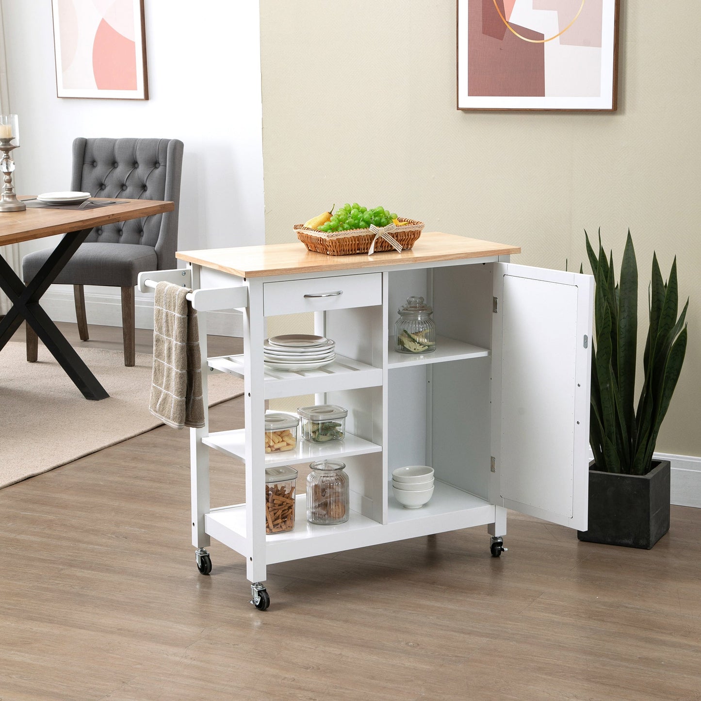 Kitchen Cart on Wheels with Embossed Door Panel, Utility Kitchen Island with Storage Drawer, White Kitchen Islands & Kitchen Carts   at Gallery Canada