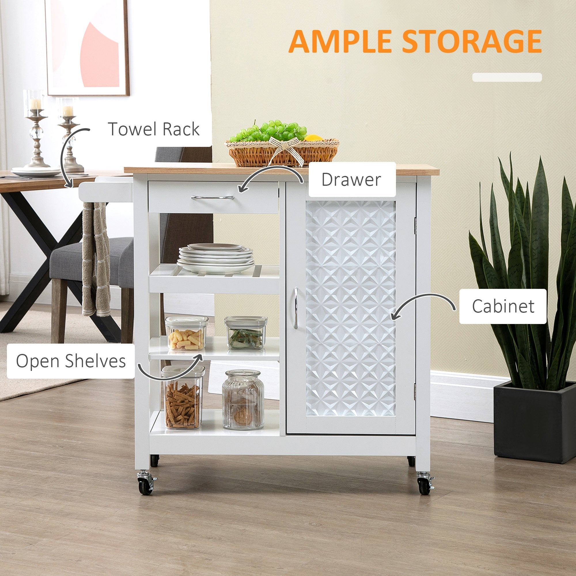 Kitchen Cart on Wheels with Embossed Door Panel, Utility Kitchen Island with Storage Drawer, White Kitchen Islands & Kitchen Carts   at Gallery Canada