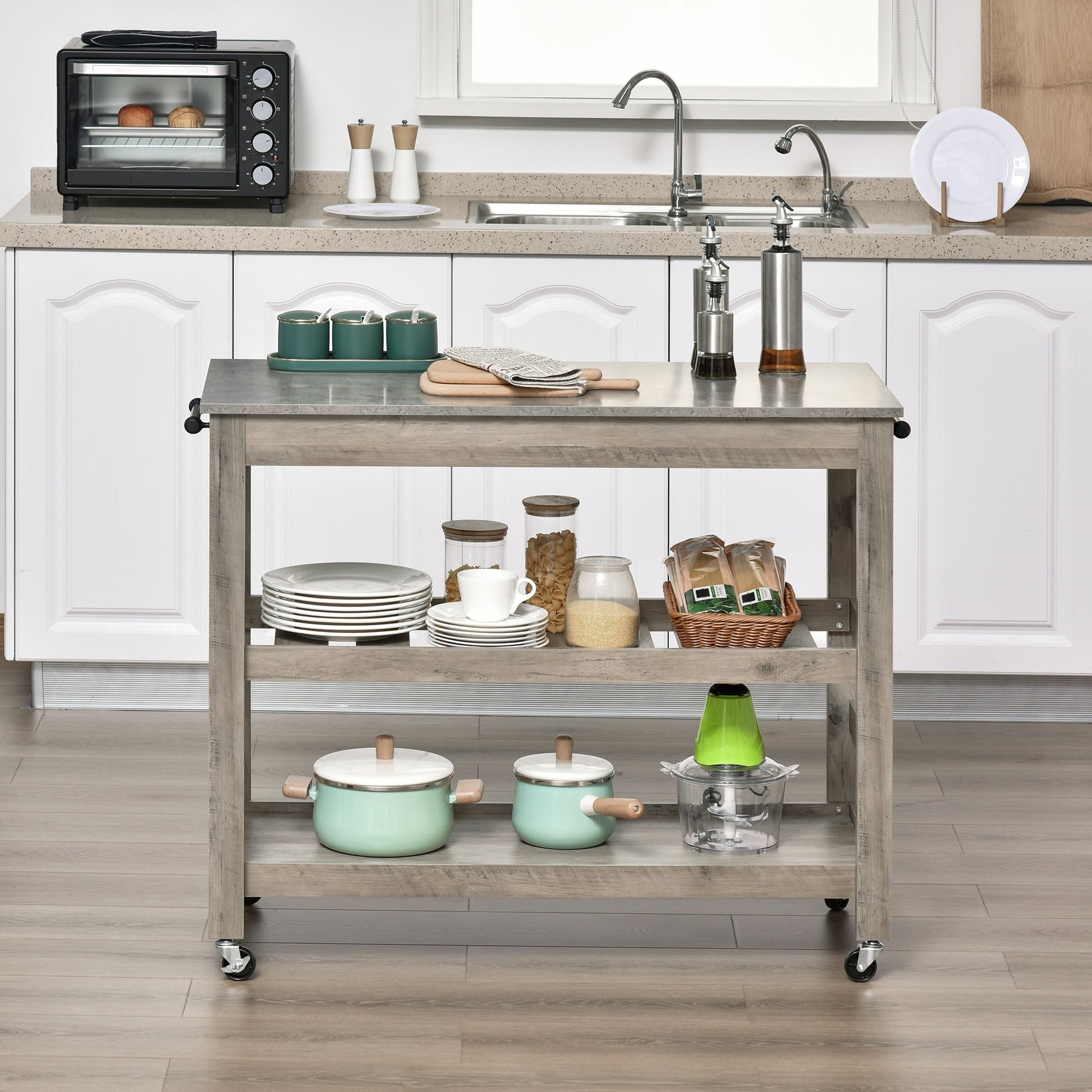 Kitchen Cart Rolling Kitchen Island Utility Trolley with Concrete Effect Top &; Storage Wine Rack, Grey Kitchen Islands & Kitchen Carts   at Gallery Canada