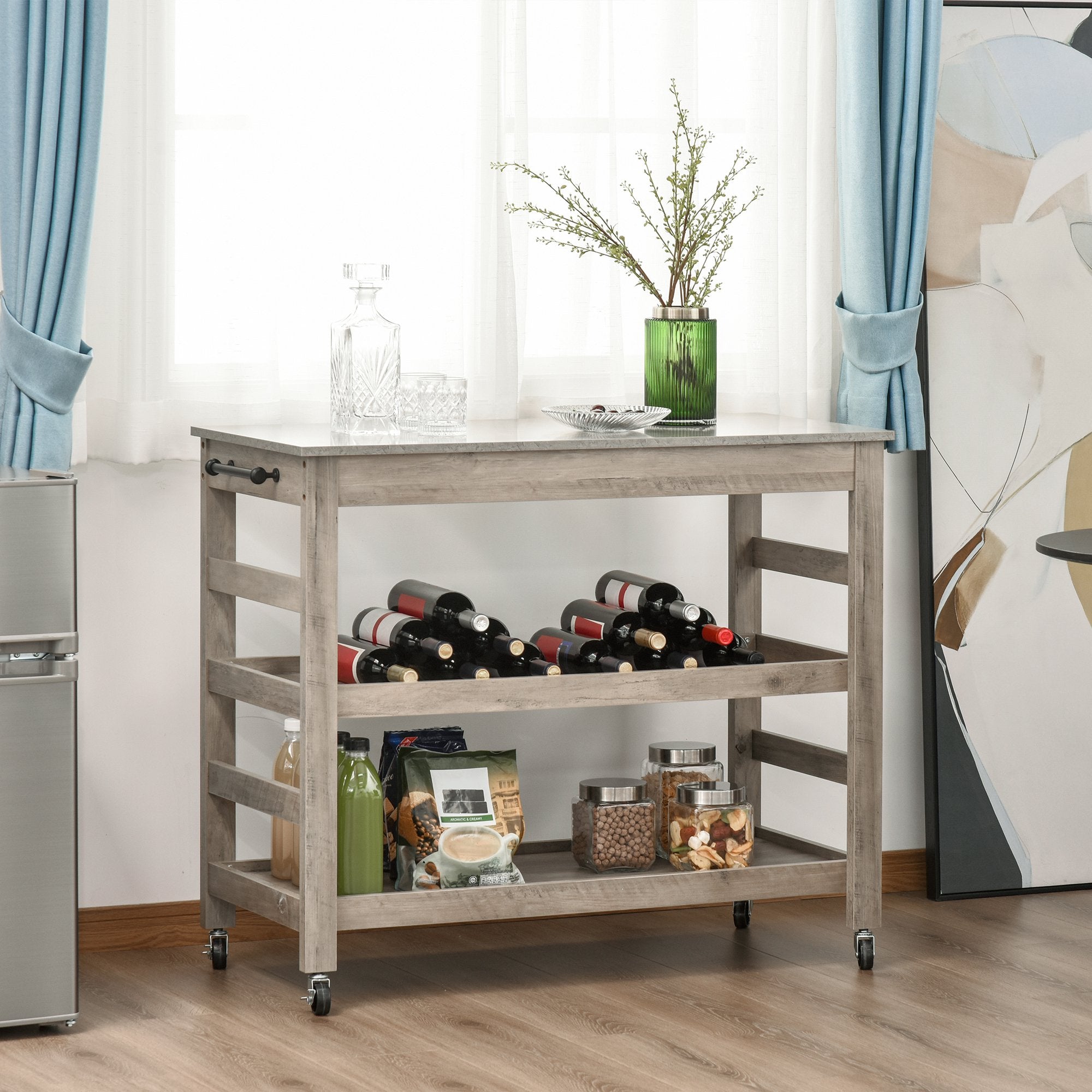 Kitchen Cart Rolling Kitchen Island Utility Trolley with Concrete Effect Top &; Storage Wine Rack, Grey Kitchen Islands & Kitchen Carts   at Gallery Canada