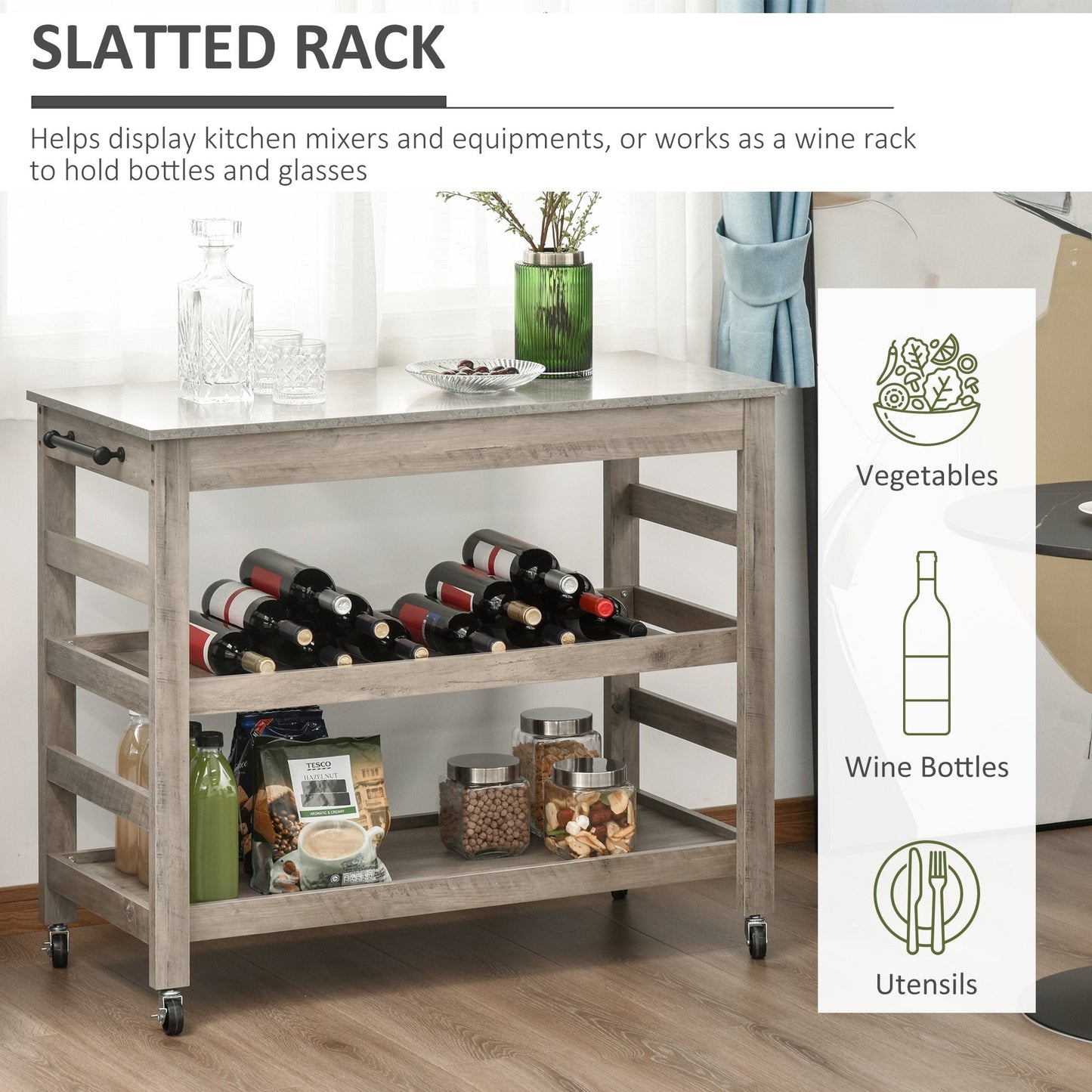 Kitchen Cart Rolling Kitchen Island Utility Trolley with Concrete Effect Top &; Storage Wine Rack, Grey Kitchen Islands & Kitchen Carts   at Gallery Canada