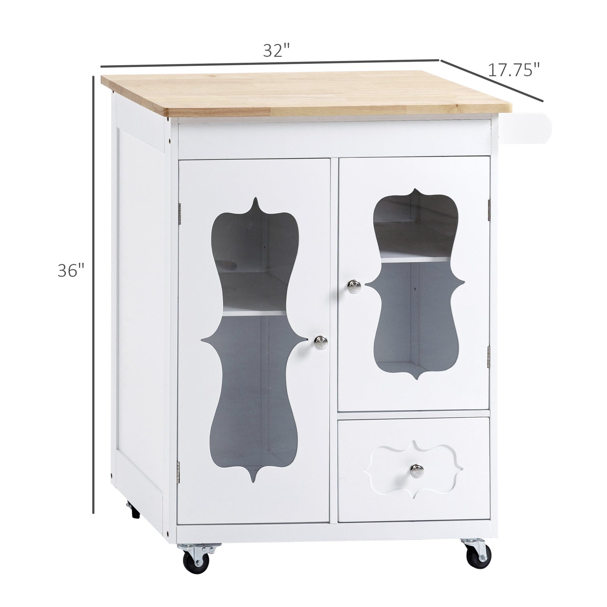 Kitchen Cart, Small Kitchen Island, Rubber Wood Top Utility Trolley on Wheels with 2 Cabinets Storage Drawer Towel Rack for Dining Room, White - Gallery Canada