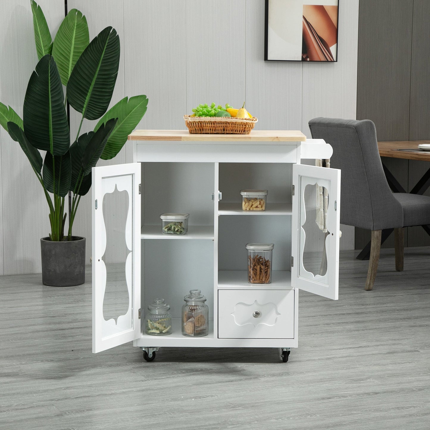 Kitchen Cart, Small Kitchen Island, Rubber Wood Top Utility Trolley on Wheels with 2 Cabinets Storage Drawer Towel Rack for Dining Room, White - Gallery Canada