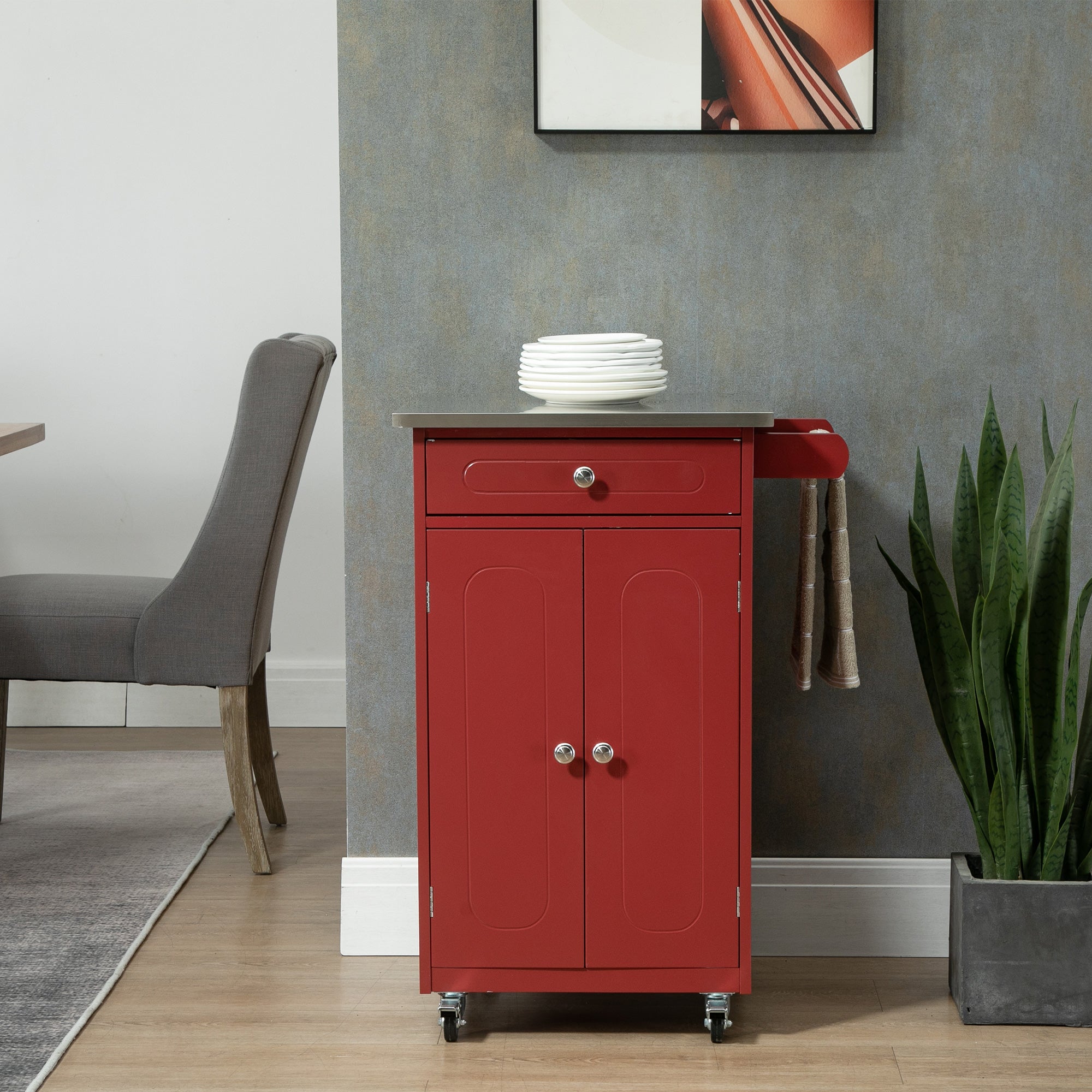 Kitchen Cart, Small Kitchen Island, Stainless Steel Top Utility Trolley on Wheels with Storage Drawer for Dining Room, Kitchen, Red Kitchen Islands & Kitchen Carts   at Gallery Canada