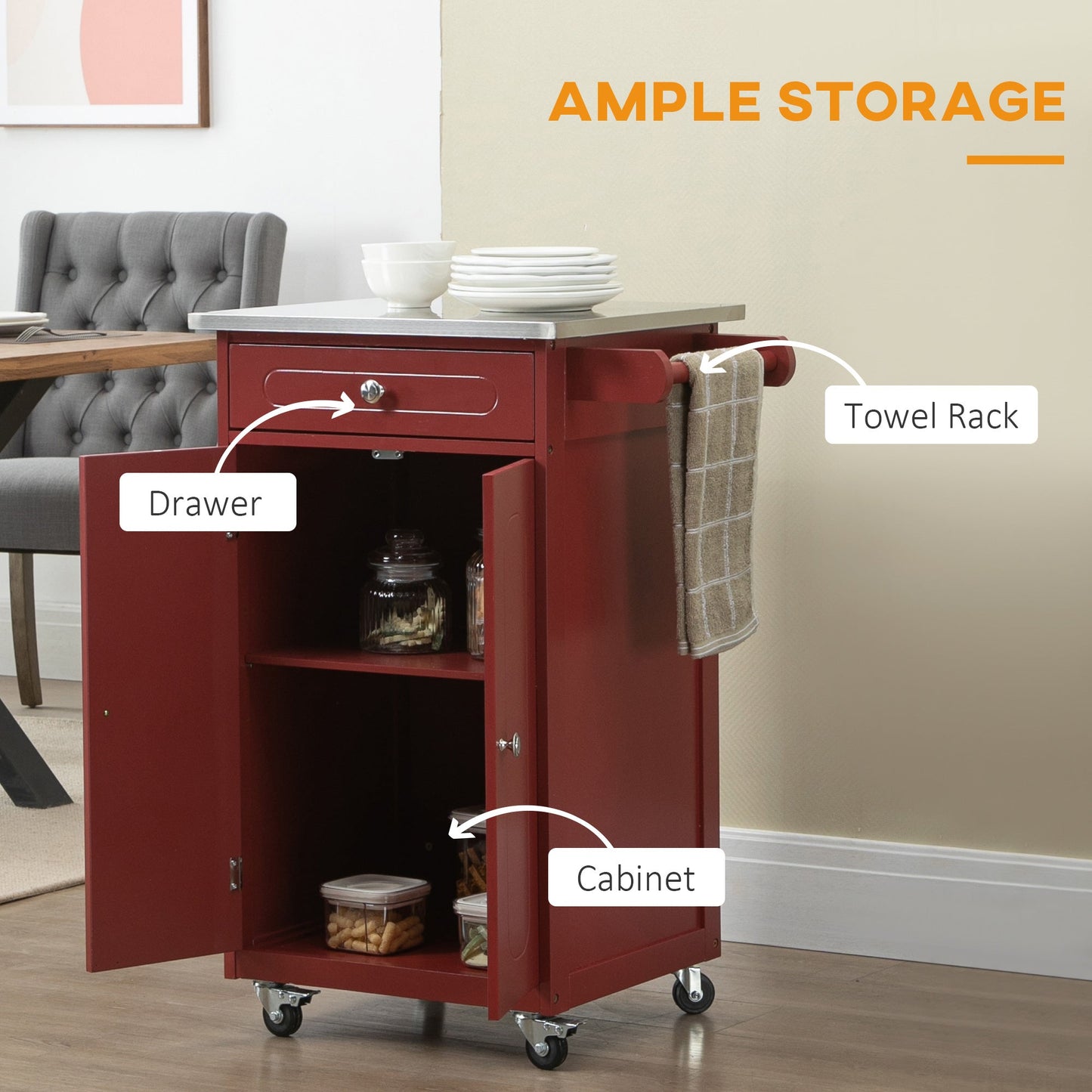 Kitchen Cart, Small Kitchen Island, Stainless Steel Top Utility Trolley on Wheels with Storage Drawer for Dining Room, Kitchen, Red Kitchen Islands & Kitchen Carts   at Gallery Canada