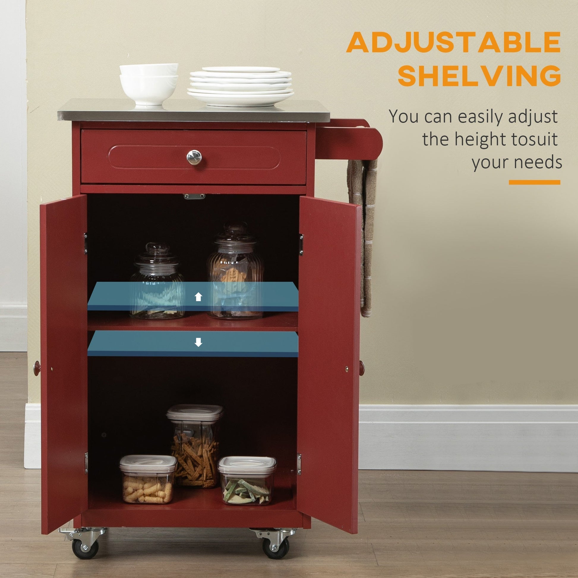 Kitchen Cart, Small Kitchen Island, Stainless Steel Top Utility Trolley on Wheels with Storage Drawer for Dining Room, Kitchen, Red Kitchen Islands & Kitchen Carts   at Gallery Canada