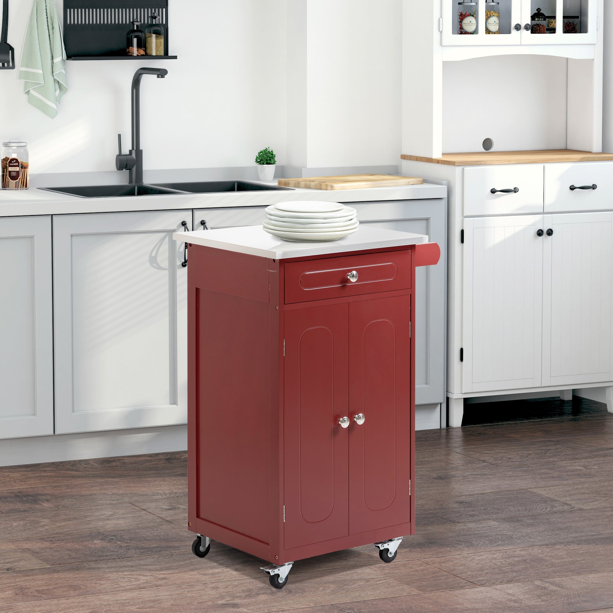 Kitchen Cart, Small Kitchen Island, Stainless Steel Top Utility Trolley on Wheels with Storage Drawer for Dining Room, Kitchen, Red Kitchen Islands & Kitchen Carts   at Gallery Canada