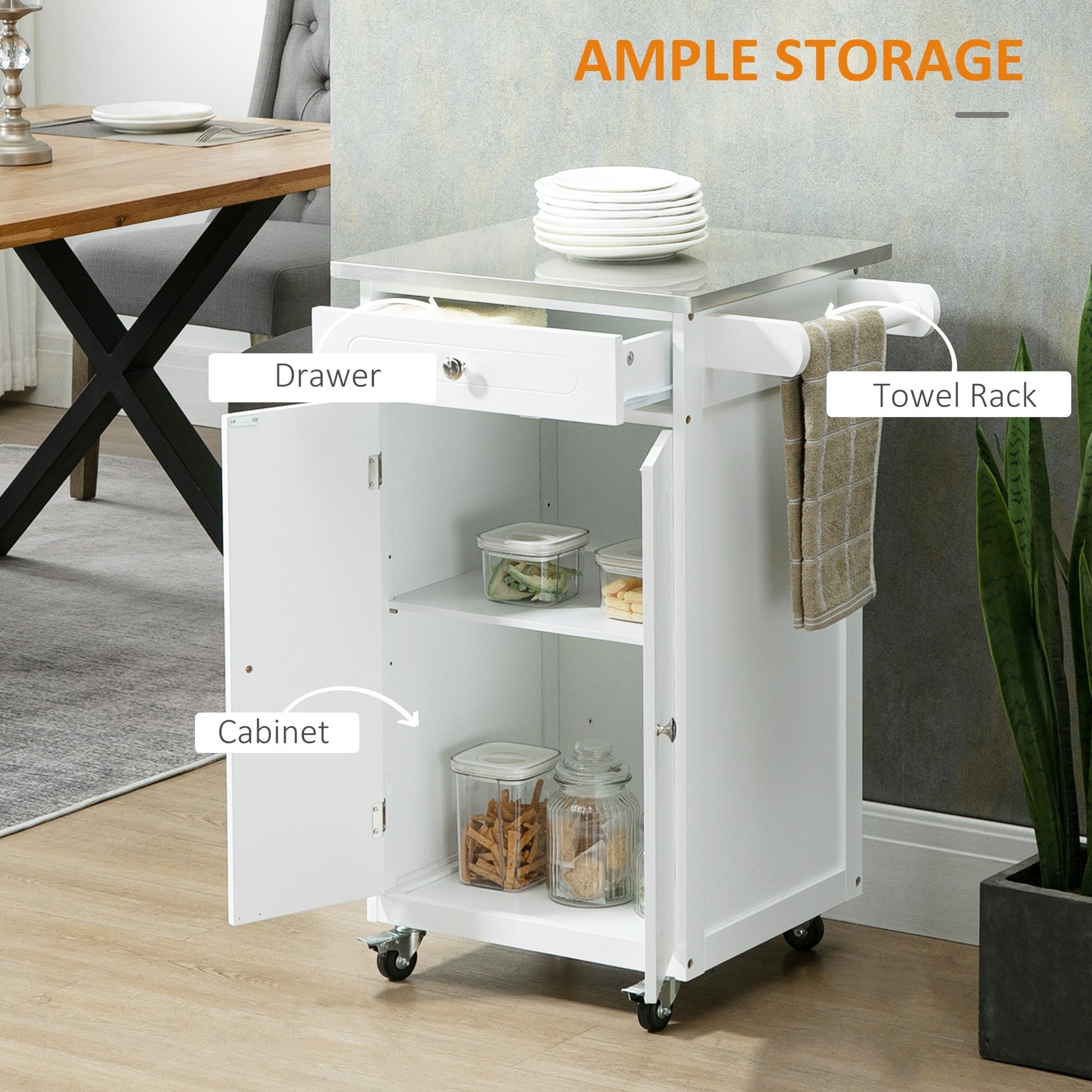 Kitchen Cart, Small Kitchen Island, Stainless Steel Top Utility Trolley on Wheels with Storage Drawer for Dining Room, Kitchen, White Kitchen Islands & Kitchen Carts   at Gallery Canada