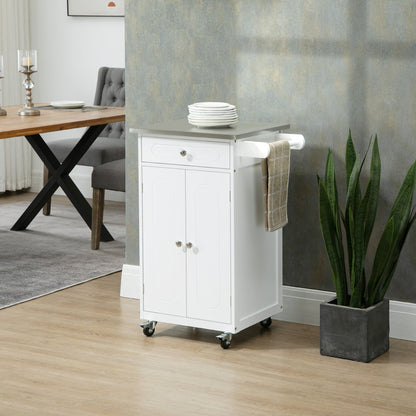 Kitchen Cart, Small Kitchen Island, Stainless Steel Top Utility Trolley on Wheels with Storage Drawer for Dining Room, Kitchen, White Kitchen Islands & Kitchen Carts   at Gallery Canada