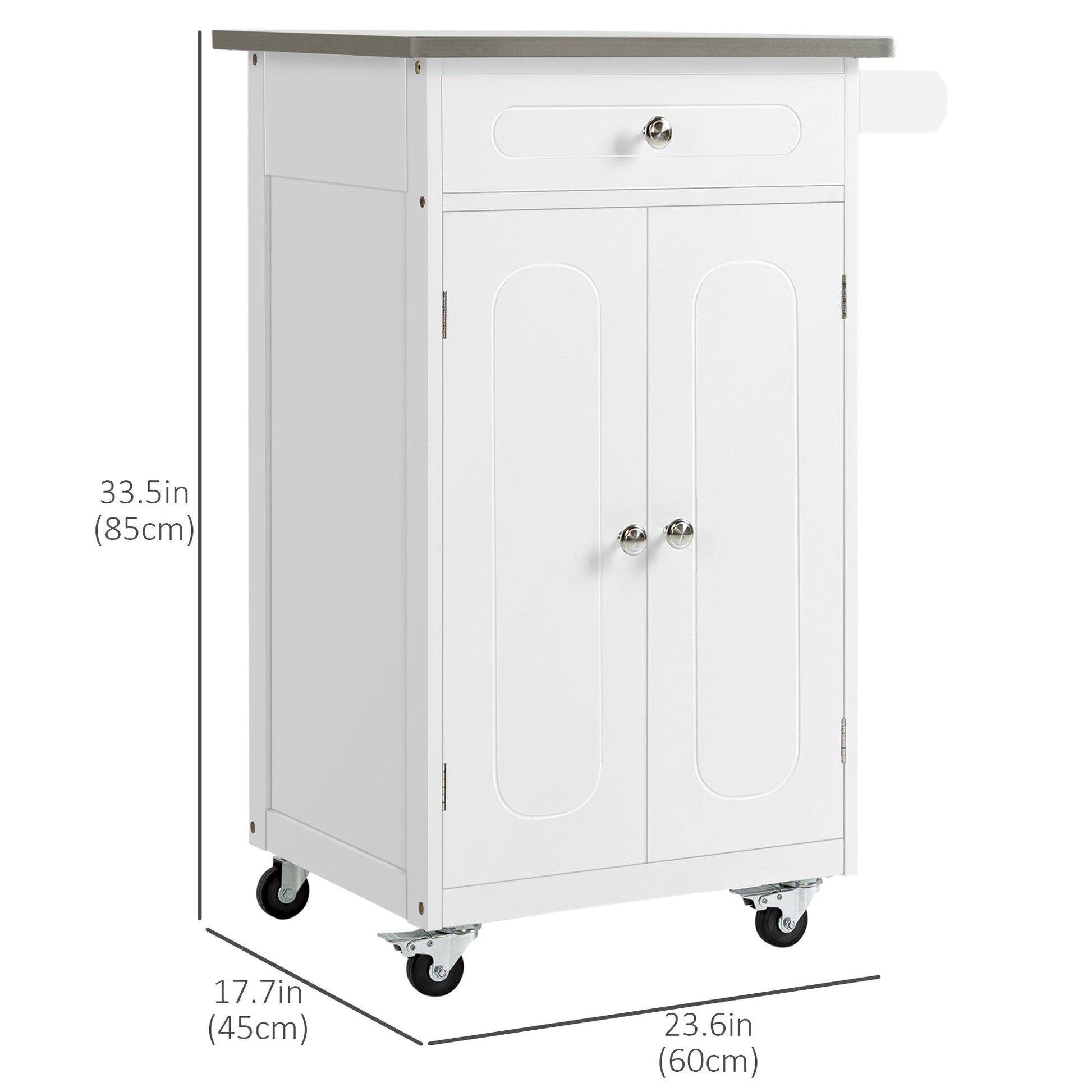 Kitchen Cart, Small Kitchen Island, Stainless Steel Top Utility Trolley on Wheels with Storage Drawer for Dining Room, Kitchen, White Kitchen Islands & Kitchen Carts   at Gallery Canada