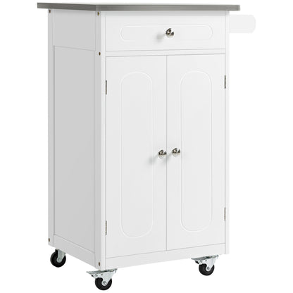 Kitchen Cart, Small Kitchen Island, Stainless Steel Top Utility Trolley on Wheels with Storage Drawer for Dining Room, Kitchen, White - Gallery Canada