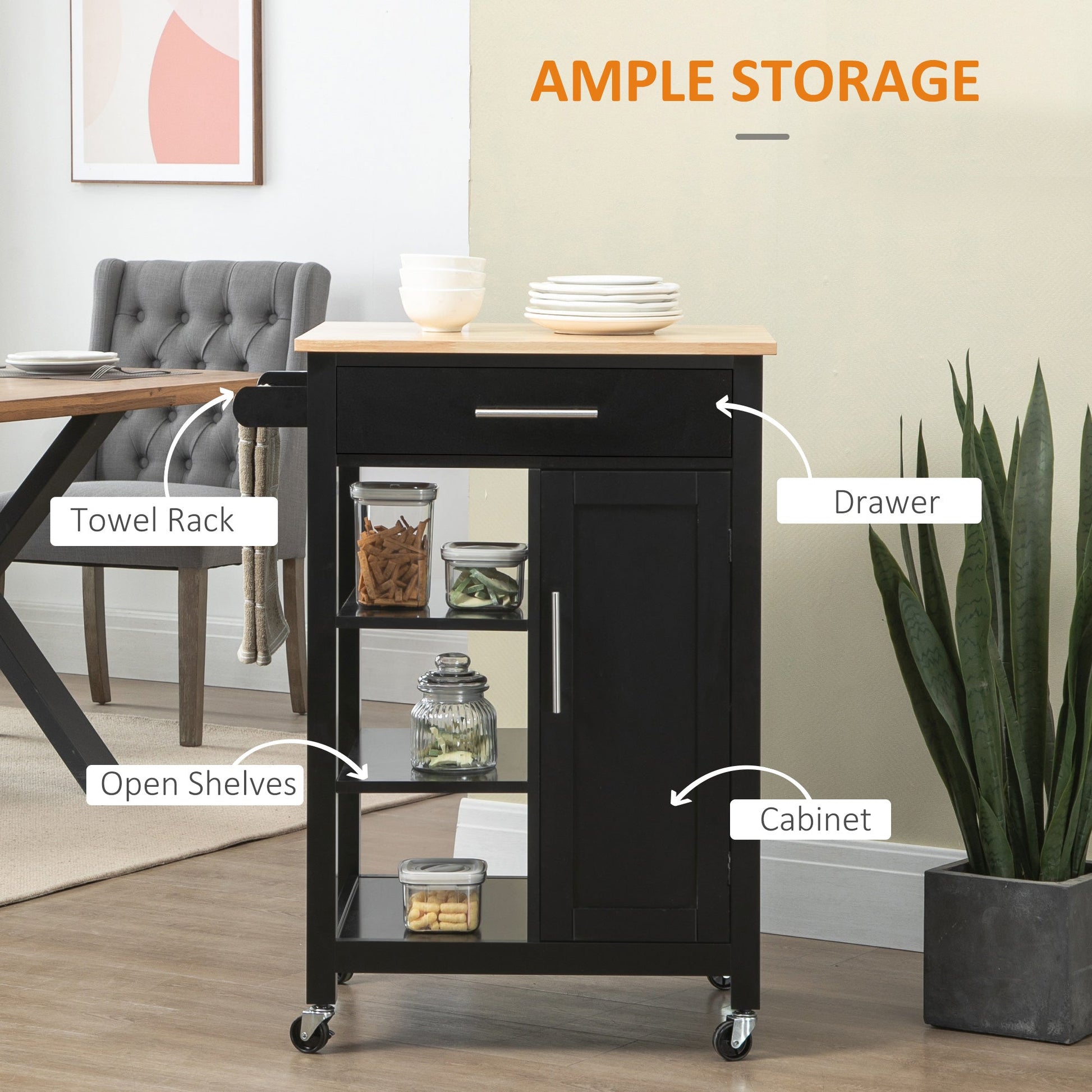 Kitchen Island, Compact Kitchen Cart on Wheels with Open Shelf &; Storage Drawer for Dining Room, Kitchen, Black Kitchen Islands & Kitchen Carts   at Gallery Canada